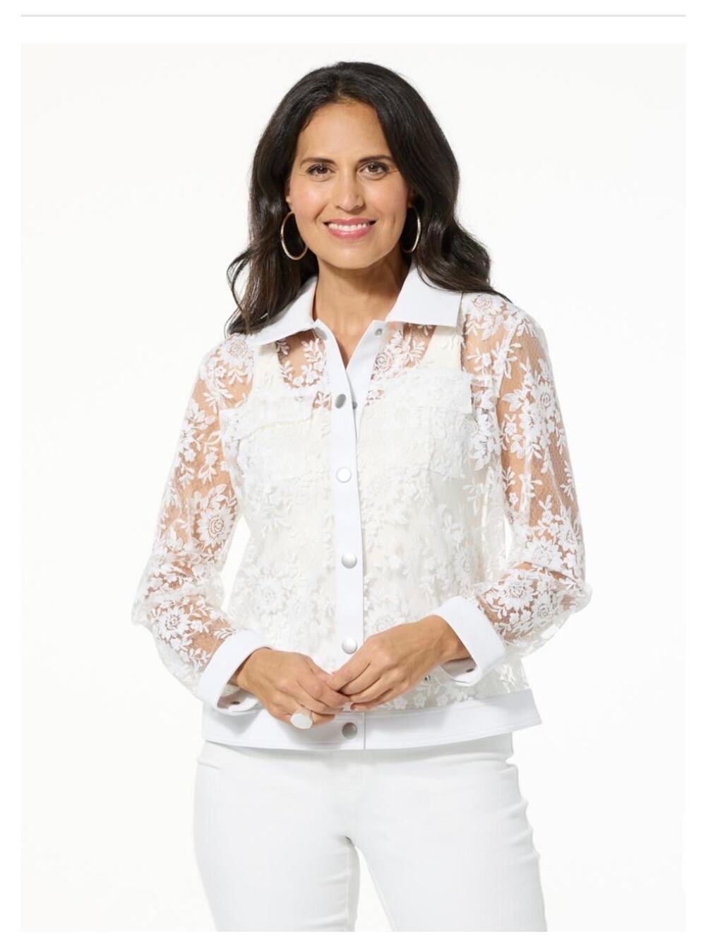 NWOT COLLEEN LOPEZ WHITE LACE SNAP UP JACKET; SIZE S